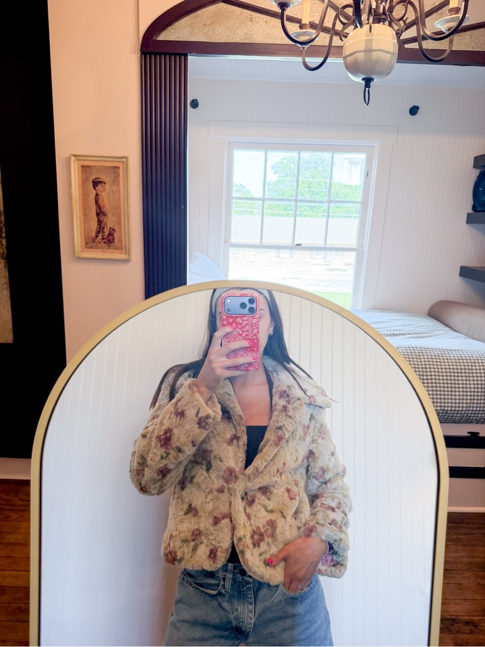 Brandon Thomas Floral Faux Fur Jacket in Cream and Pink
